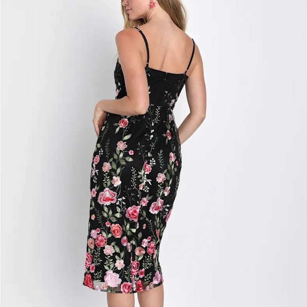 Lulus Blooming For Love Black Floral Embroidered Midi Dress - Size XL - Picture 2 of 2